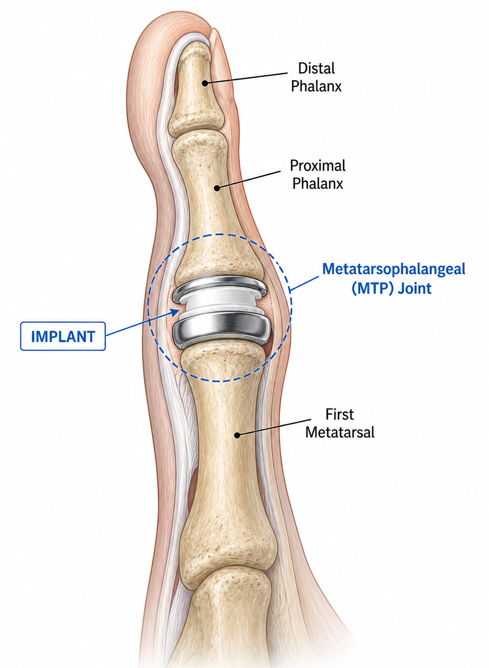 Medical illustration of Cartiva implant in the MTP joint
